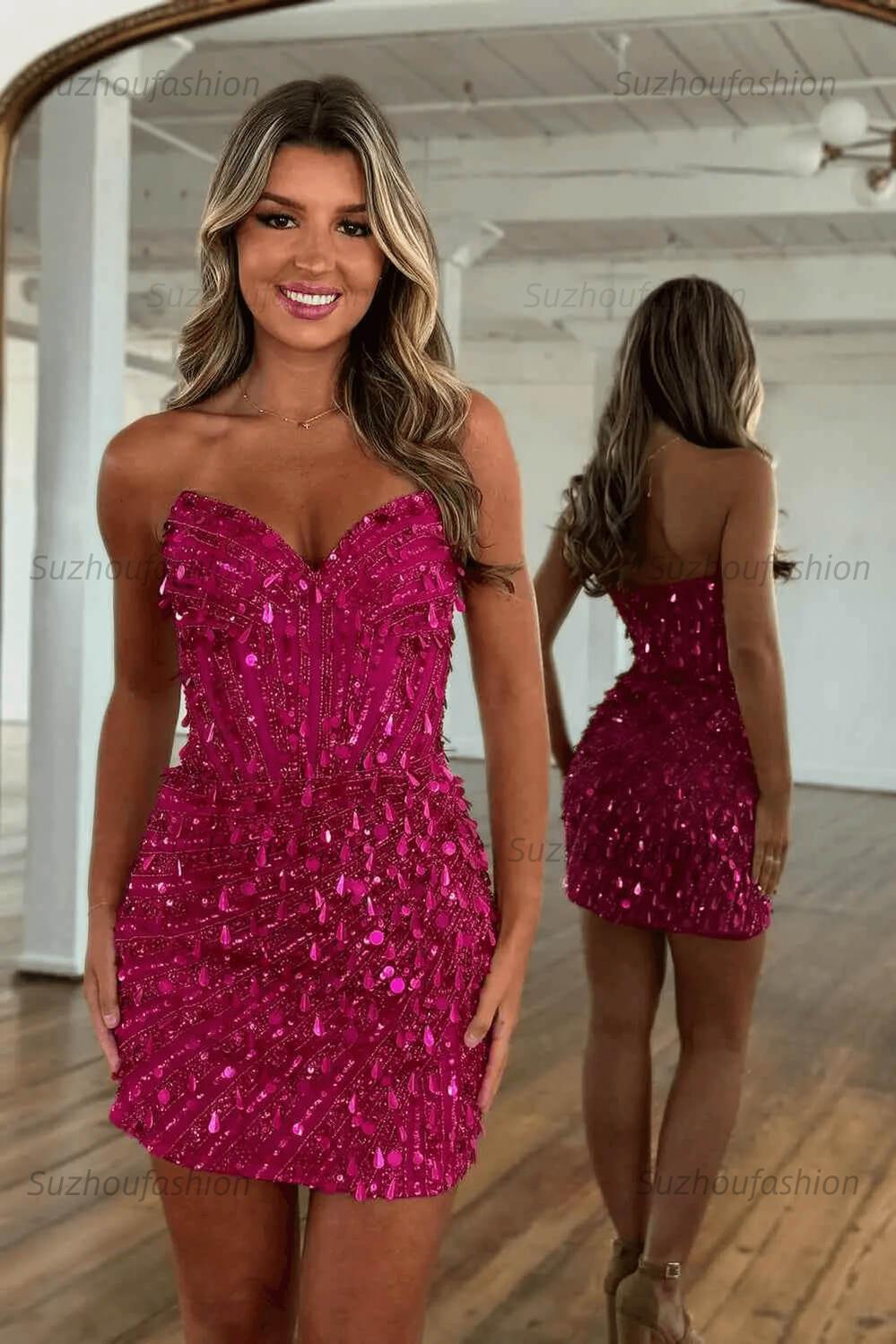 Sweetheart Bodycon Homecoming Dress Sequined Golden Cocktail Dress