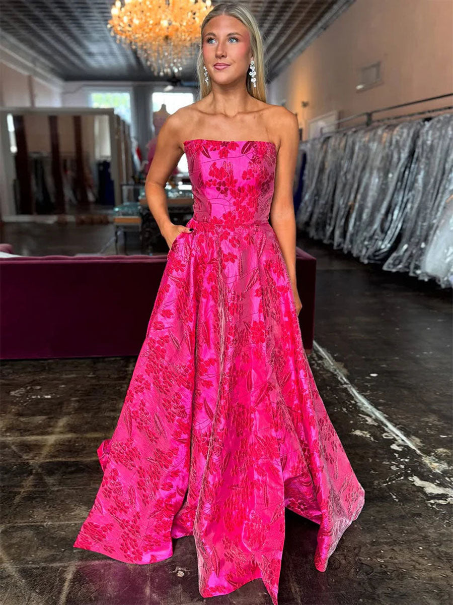 Fuchsia A Line Strapless Jacquard Satin Long Prom Dress with Pockets - VelvetHem