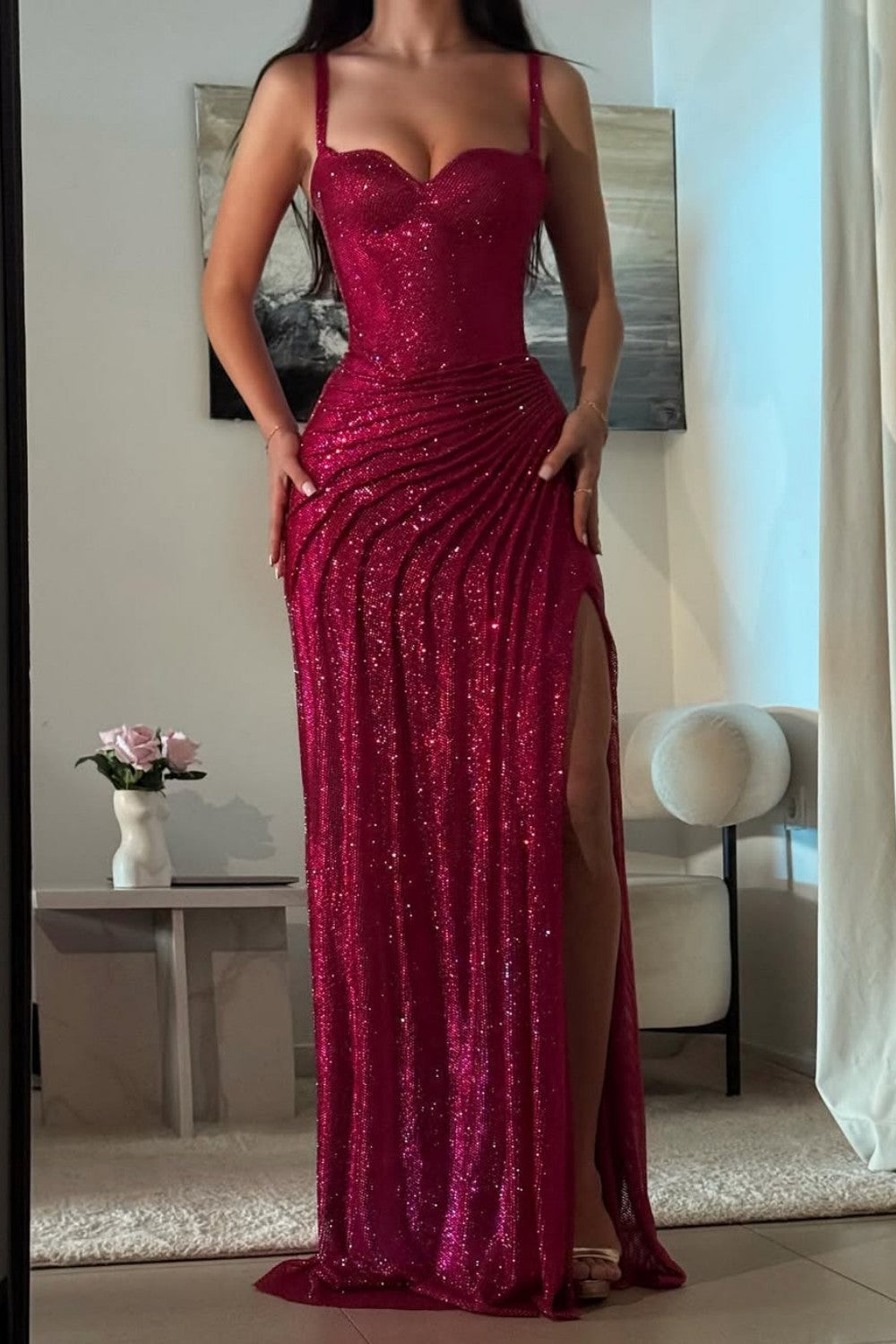 Sparkly Mermaid Spaghetti Straps Red Sequins Long Prom Dress with Ruched - VelvetHem