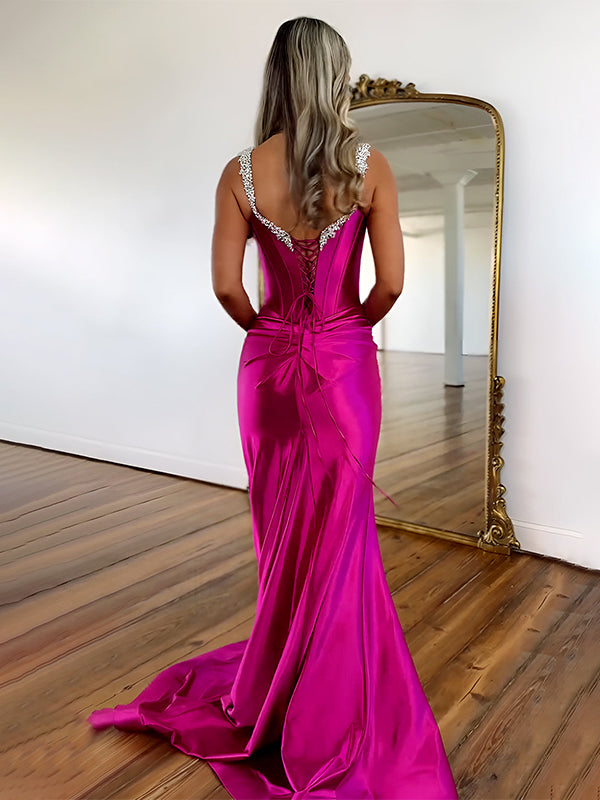 Fuchsia Mermaid Beaded Straps Lace Up Long Prom Dress with Slit