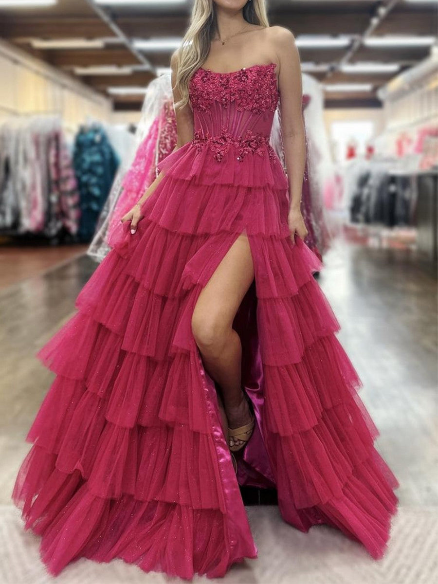 Fuchsia Strapless Tiered Ruffles Corset Prom Dress with Slit - VelvetHem