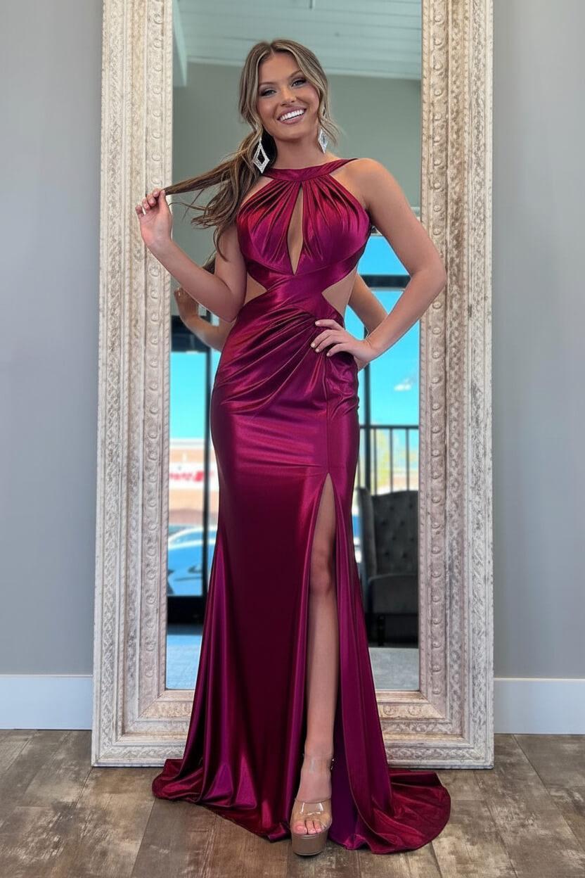 Suzhoufashion Stylish Fuchsia Metallic Mermaid Prom Dress With Slit And Open Back Formal Evening Gown