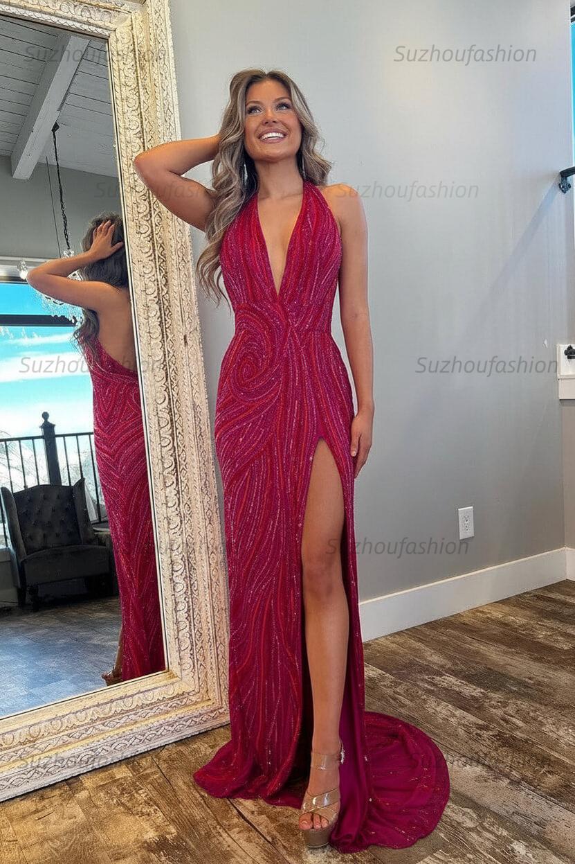 Halter Prom Dress Pink and Orange Mermaid Evening Dress with Slit