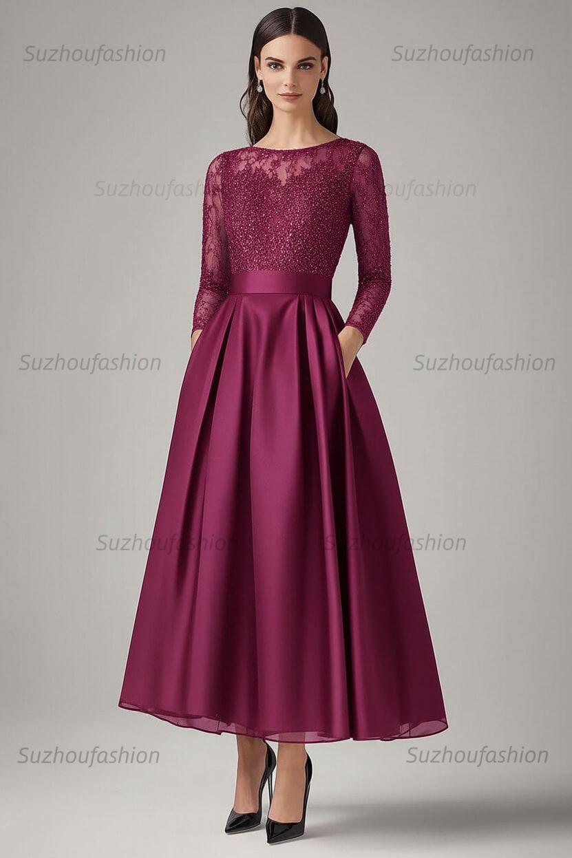 Navy Wedding Guest Dress Beaded A Line Long Sleeves Formal Dress With Lace