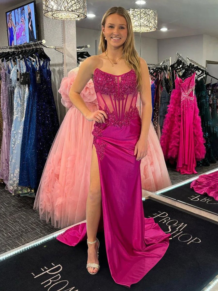 Fuchsia Mermaid Strapless Appliqued Satin Long Prom Dresses with Slit - VelvetHem