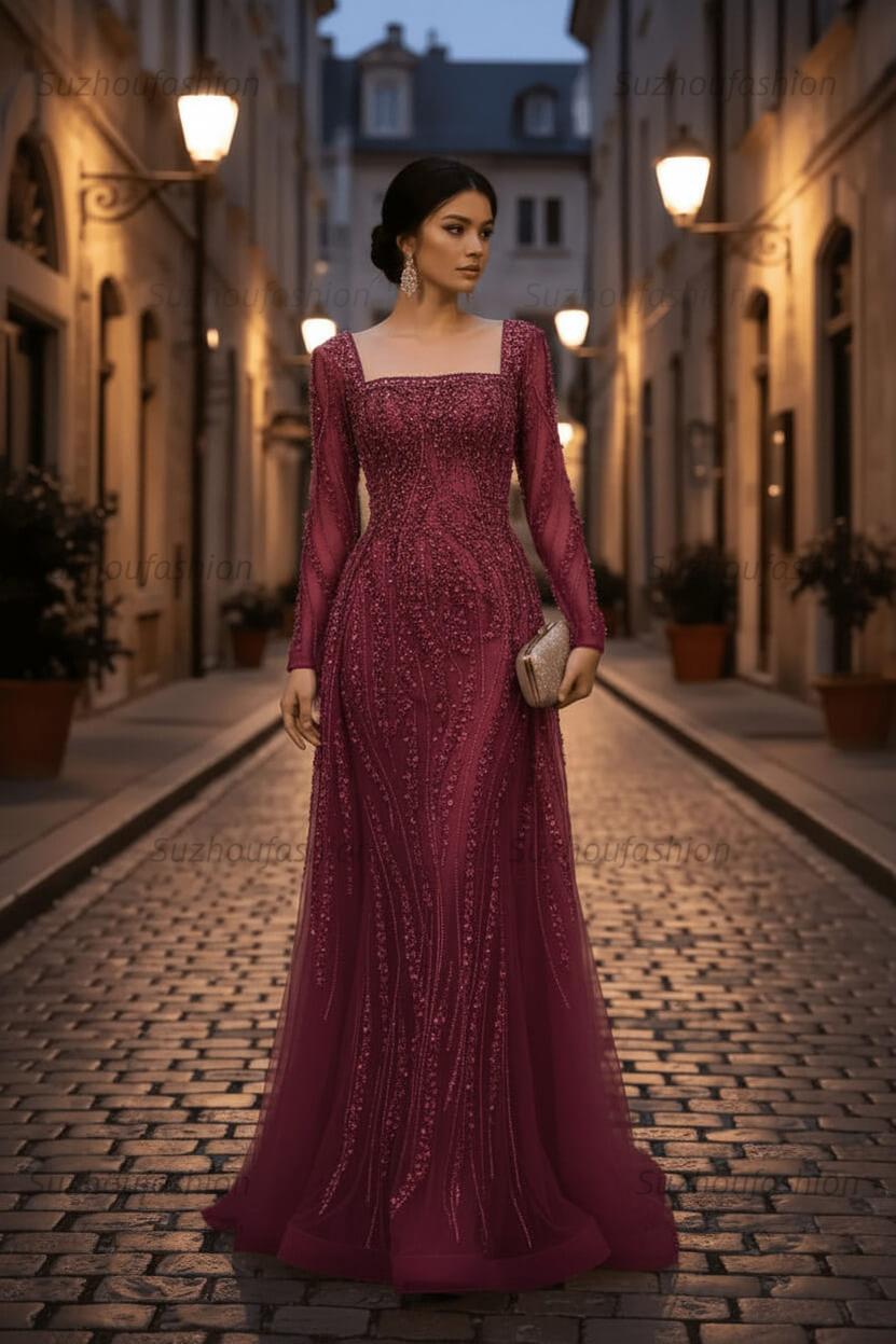 Square Neck Long Sleeves Long Mermaid Evening Formal Dress With Beading Tulle