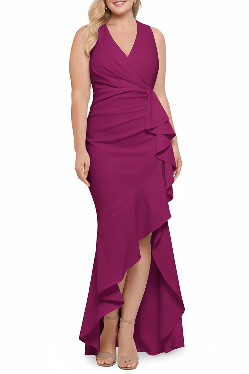 V Neck Sleeveless Plus Size Long Sheath Column Mother of the Bride Dress with Ruffles
