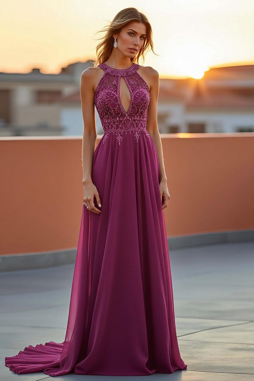 Beaded Navy Wedding Guest Dress Halter Long Formal Dress With Embroideries