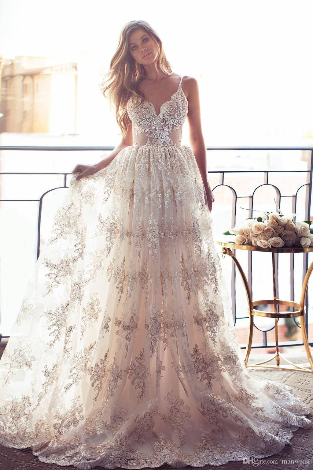 Full Lace Open Back Beach Wedding Dresses Sexy Spaghetti Straps Summer Wedding Gowns