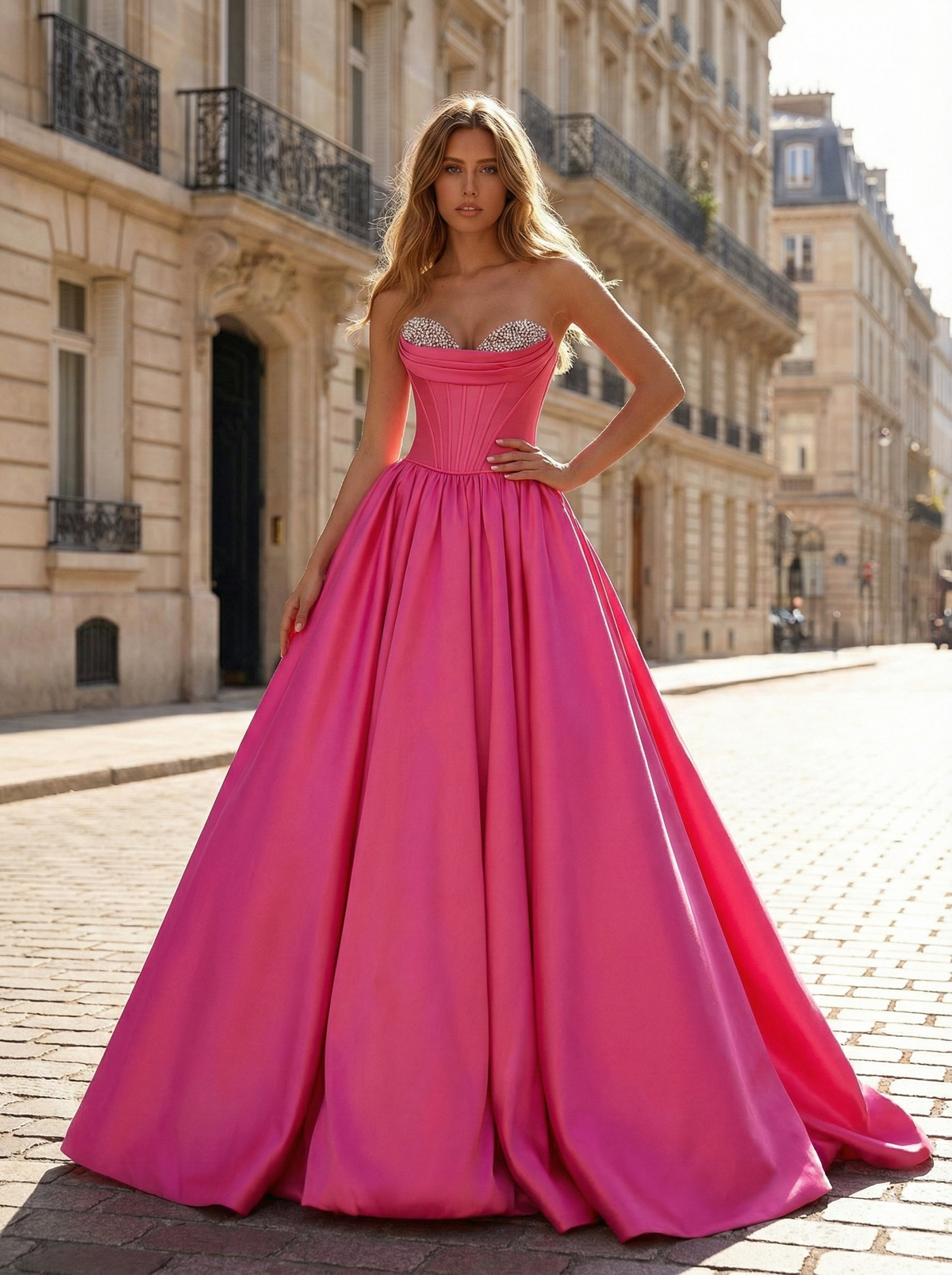 Fuchsia Sweetheart Satin Prom Dress with Crystal-Embellished Bustier - VelvetHem