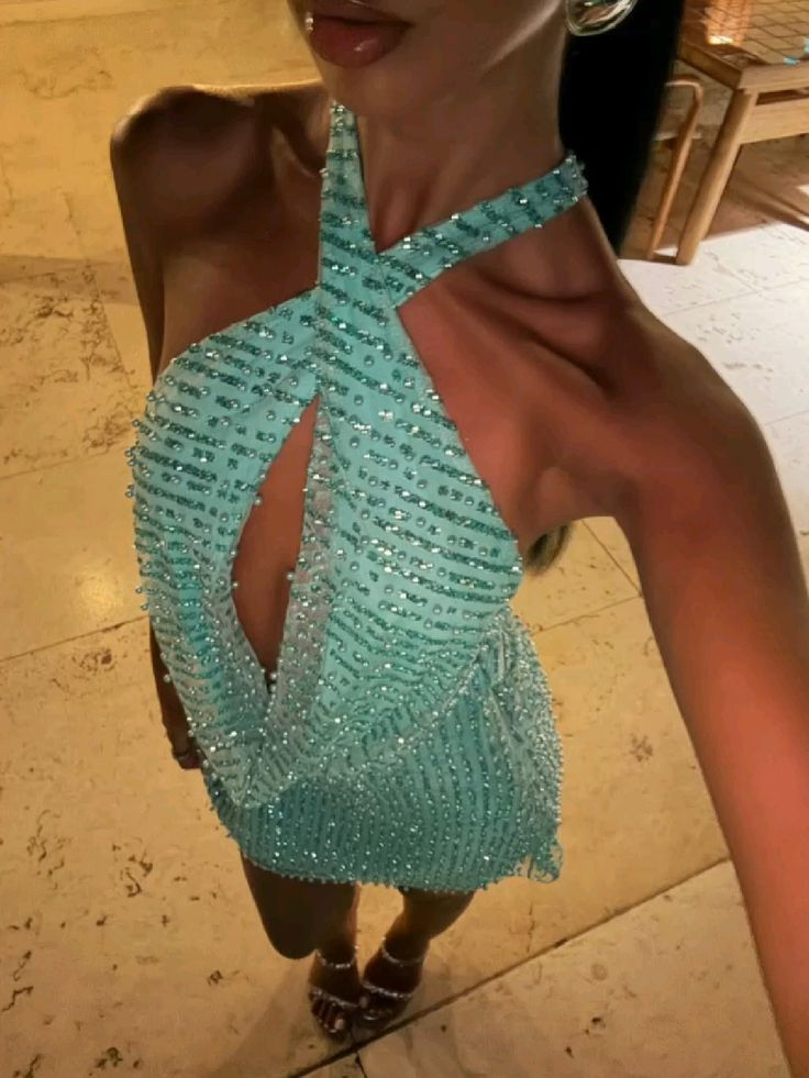 Sexy Halter Green Chiffon Sequin Beaded Backless Cocktail Dress Short Homecoming Dress 20th Birthday Dress