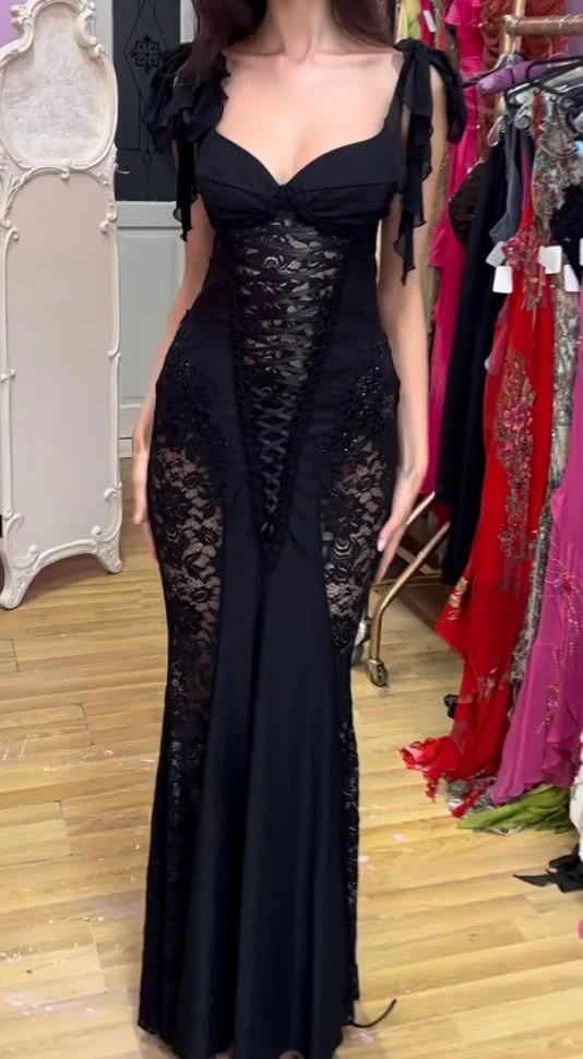 Sexy Black Lace Mermaid Evening Dress Long Prom Dress Y7821 - VelvetHem