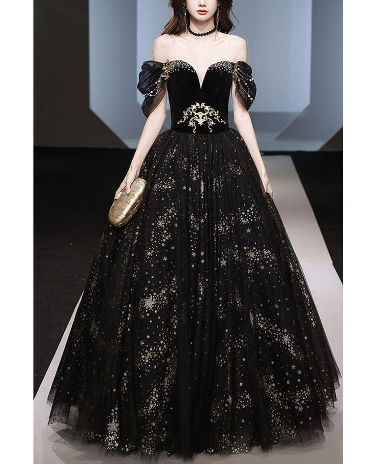 Classy Off Shoulder Black Tulle Sequins Ball Gown Gothic A Line Prom Dress - VelvetHem