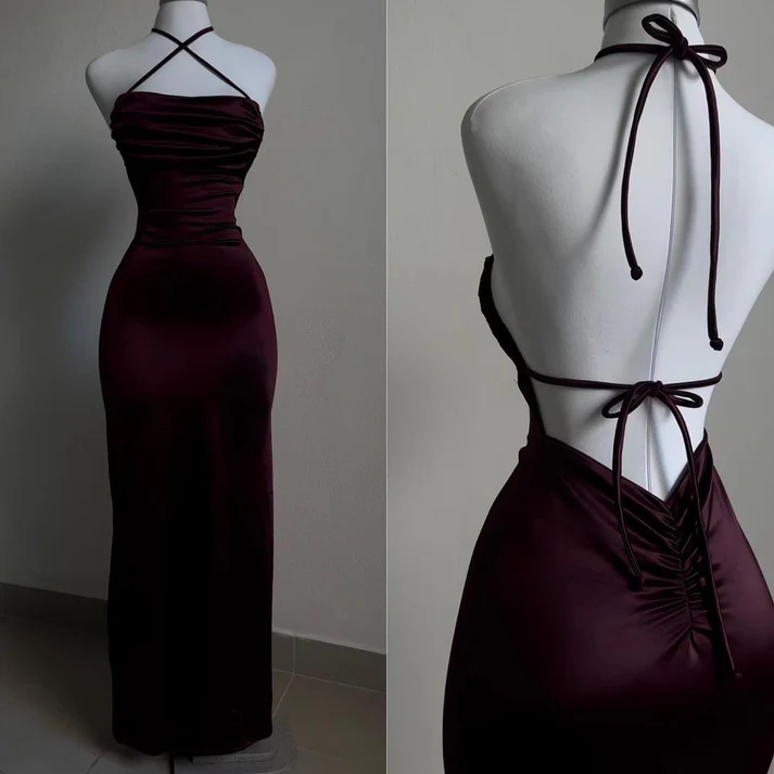 Burgundy Sheath Satin Backless Birthday Dress Prom Dress Evening Dress