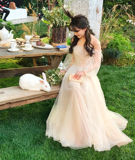 Champagne tulle long prom dress, champagne tulle evening dress Y257 - VelvetHem