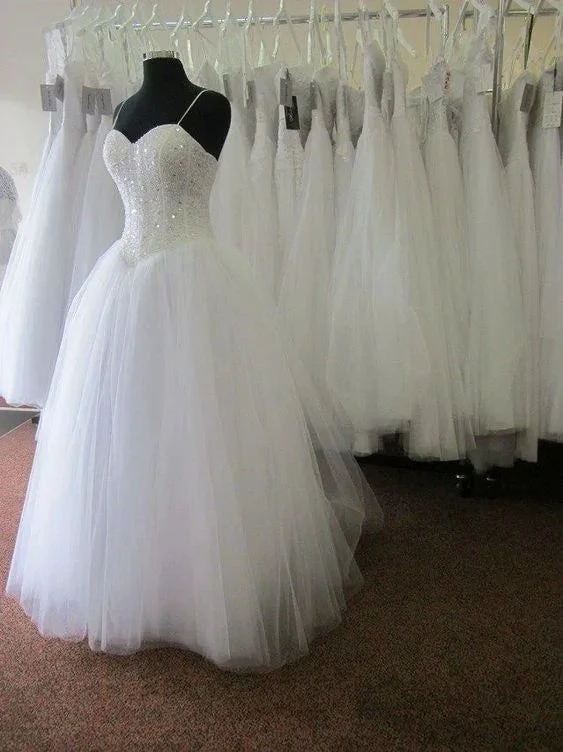 White Tulle Spaghetti Straps Wedding Dress with Sequins Beading Y1176 by simplepromdress