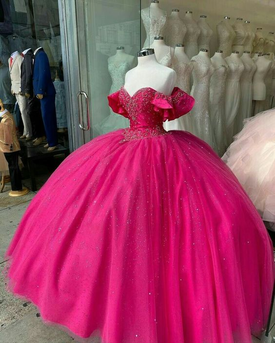 Fuchsia Off The Shoulder Quinceanera Dress Ball Gown Sweet 16 Dress - VelvetHem