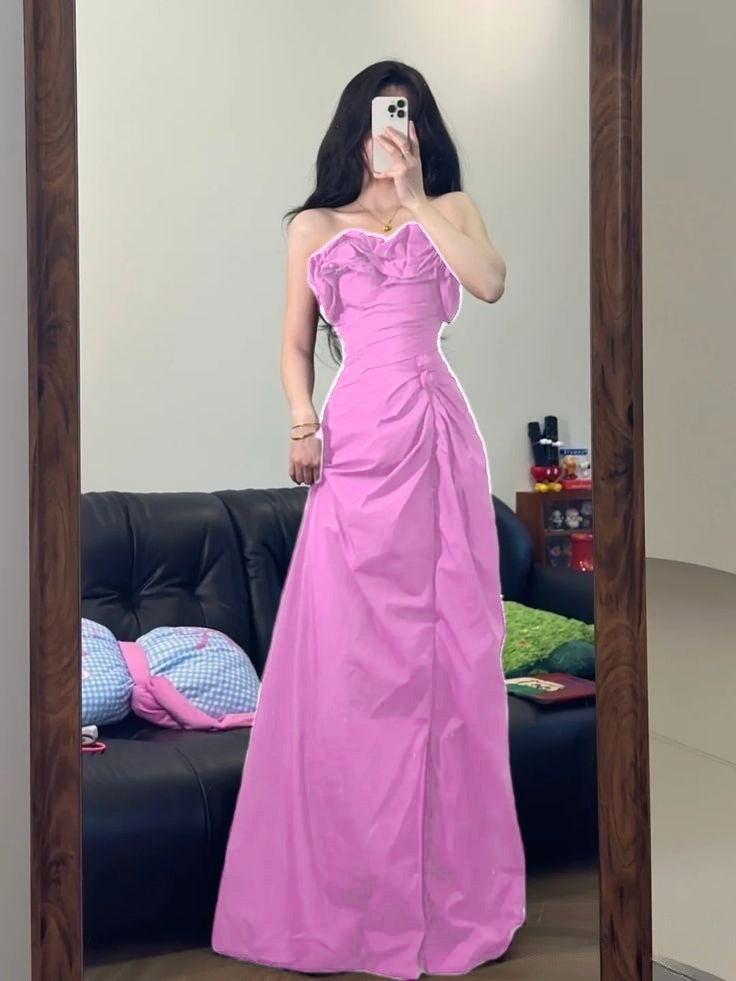 Elegant A Line Strapless Burgundy Satin Long Prom Dresses Formal Dress - View 5 | VelvetHem