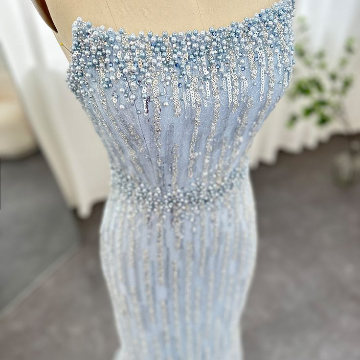 Light Blue Pearls Luxury Dubai Evening Dresses Elegant Strapless Formal Prom Gowns - View 6 | VelvetHem
