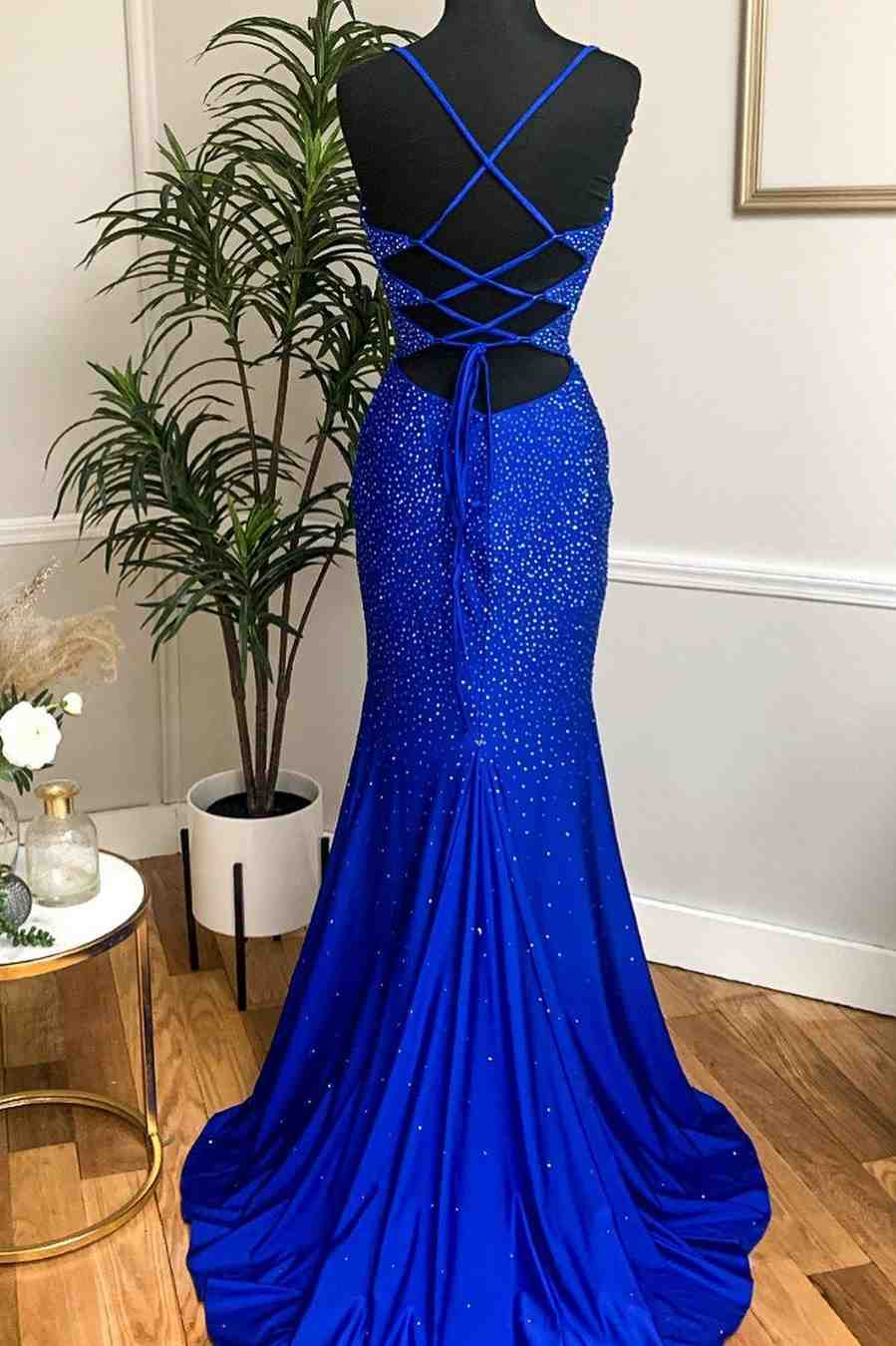 Royal Blue Beaded Cowl Neck Mermaid Long Prom Dress - View 2 | VelvetHem