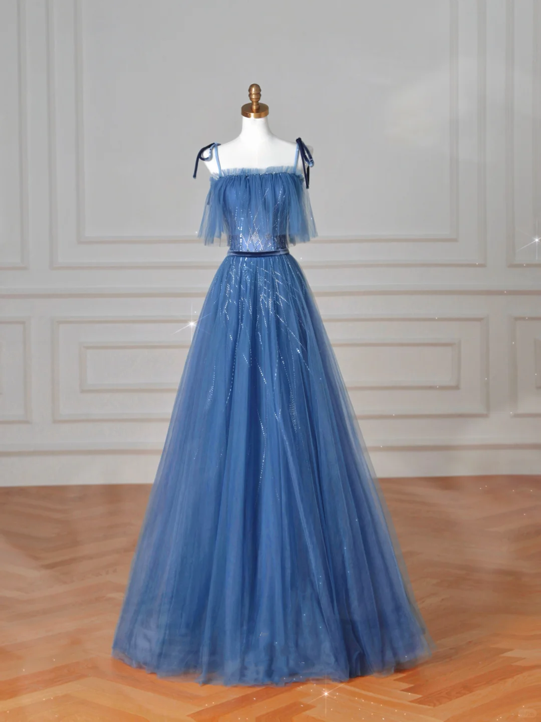 Pretty Blue Spaghetti Straps Tulle Sequins A Line Prom Dress Evening Dress Y8634 - VelvetHem