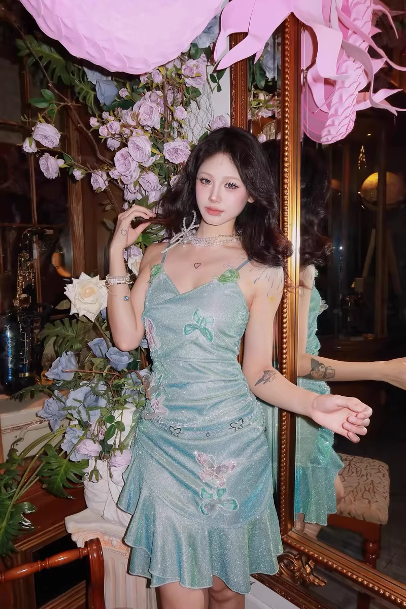 Classy Mini Green Spaghetti Straps Short Ruffle Birthday Dress 8th Grade Homecoming Dress - VelvetHem