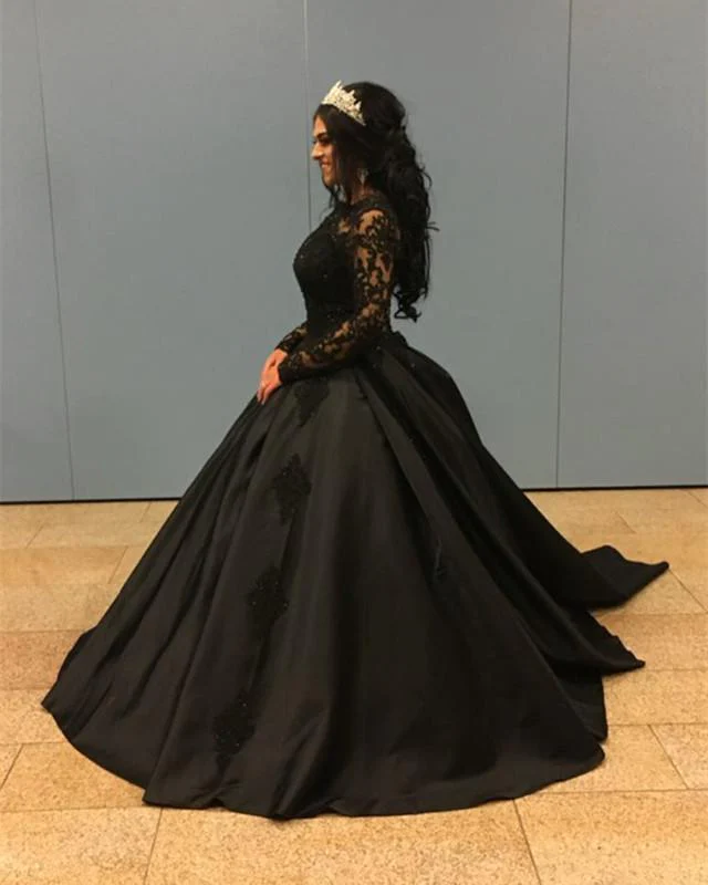New Arrival Black Long Sleeves Satin Ball Gown Prom Dresses With Appliques - VelvetHem