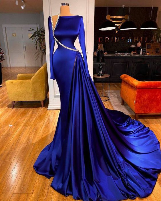 elegant modest evening dresses long sleeve royal blue beaded luxury elegant formal party dresses Y40 - VelvetHem