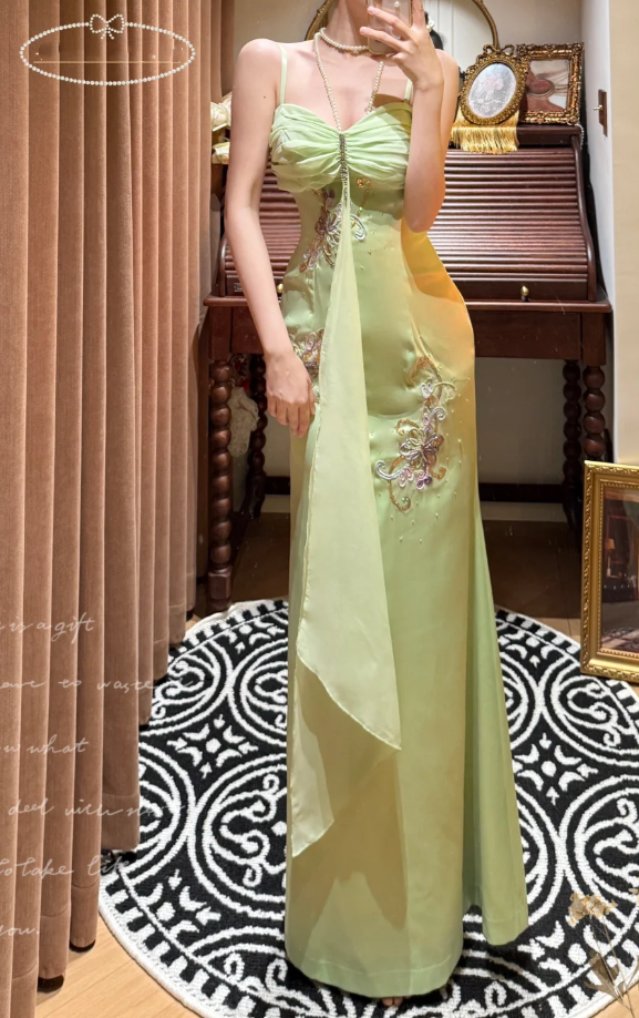 Classy Spaghetti Straps Green Satin Beaded Mermaid Long Wedding Guest Dress Formal Birthday Party Dress - VelvetHem