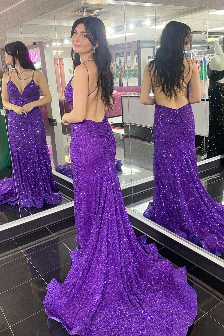 Purple Sequin V-Neck Open Back Mermaid Long Formal Dress - VelvetHem
