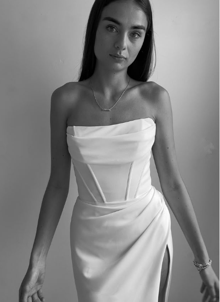 Elegant Strapless Satin Mermaid Slit Evening Dress,White Prom Party Dress - View 3 | VelvetHem