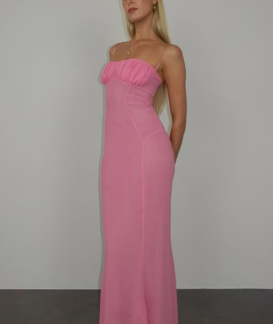 Elegant Pink Chiffon Sheath Long Prom Dress Evening Gown - View 2 | VelvetHem