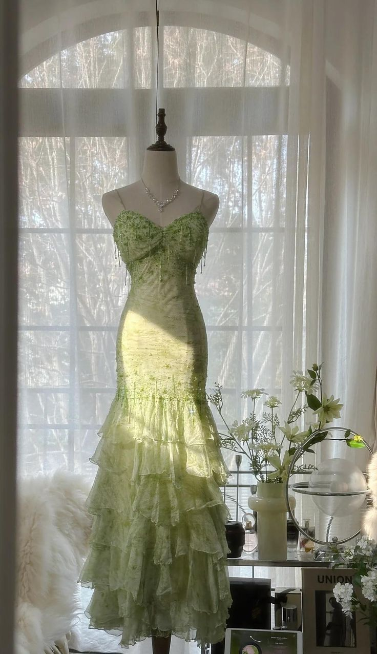 Classy Light Green Chiffon Beaded Mermaid Evening Dress,Spaghetti Straps Multi Layered Party Prom Dress - View 2 | VelvetHem