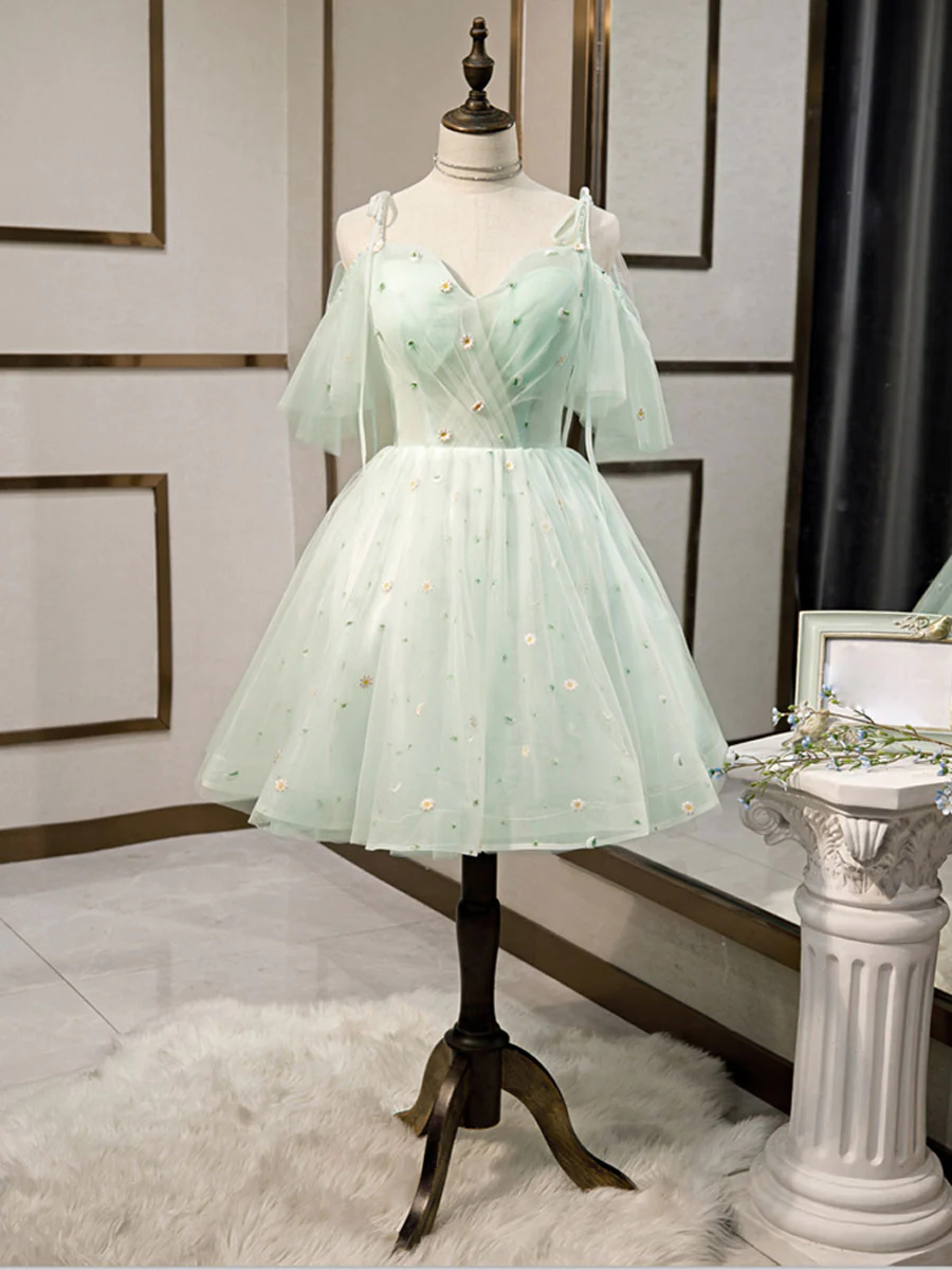 Simple Sweetheart Neck Tulle Short Dresses Puffy Green Homecoming Dresses Y2409 - VelvetHem