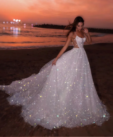 Glitter White Sequin Tulle Prom Evening Dress, A-line Sleeveless Beach Long Wedding Gown Y8011 - VelvetHem