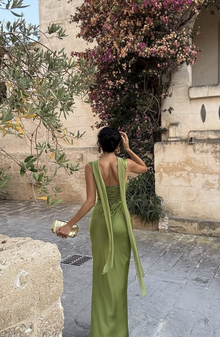 Elegant Green Satin Mermaid Long Wedding Guest Dress Birthday Party Dress - View 4 | VelvetHem