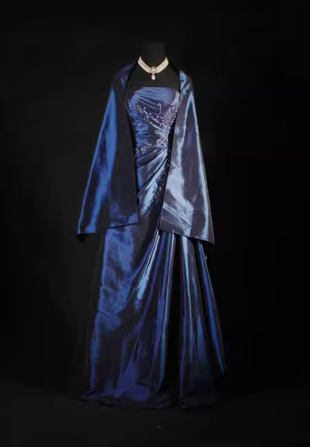 Vintage Ball Gown Strapless Navy Blue Satin Long Prom Dresses Party Dress - View 10 | VelvetHem