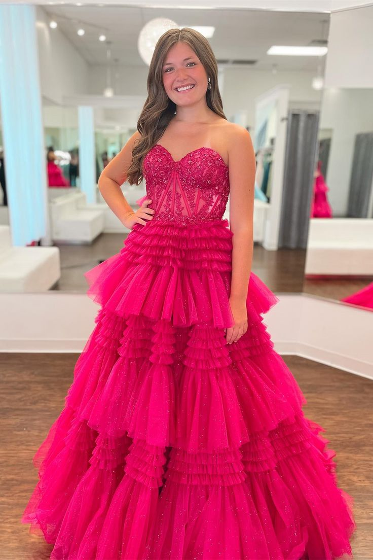 Fuchsia Multi-Layers Strapless Appliques A-line Tulle Long Prom Dress - VelvetHem