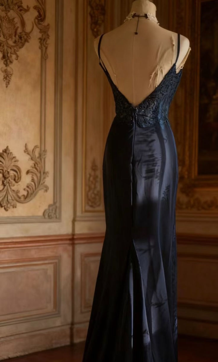 Vintage Spaghetti Strap Navy Blue Satin Appliques Mermaid Long Wedding Guest Dress Birthday Evening Dress - View 4 | VelvetHem
