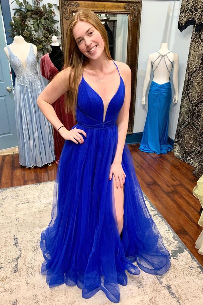 V Neck Backless Blue Tulle Long Prom Dress with High Slit, Backless Blue Formal Graduation Evening Dress Y218 - VelvetHem