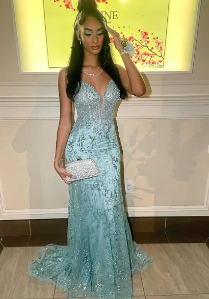 Charming Spaghetti Straps Tulle Lace Mermiad Prom Dress Blue V Neck Prom Evening Gown - View 3 | VelvetHem