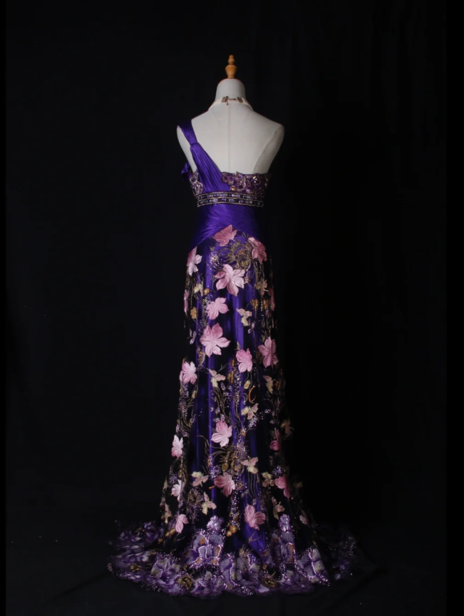 Charming Purple One Shoulder Satin Pleated Beaded Mermaid Prom Dress Evening Gown With Embroidery Appliques - View 4 | VelvetHem