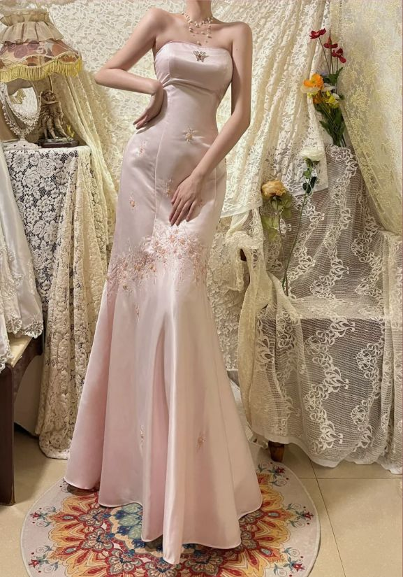 Classy Pink Strapless Satin Sequin Beaded Long Mermaid Evening Dress Party Gown