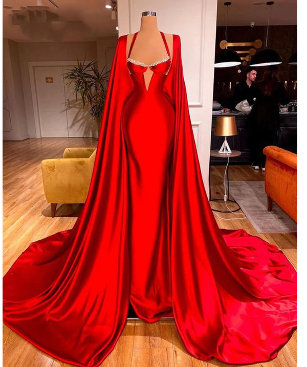 Elegant Red Satin Mermaid Prom Dresses with Long Scarves High Side Formal Evening Gowns - VelvetHem