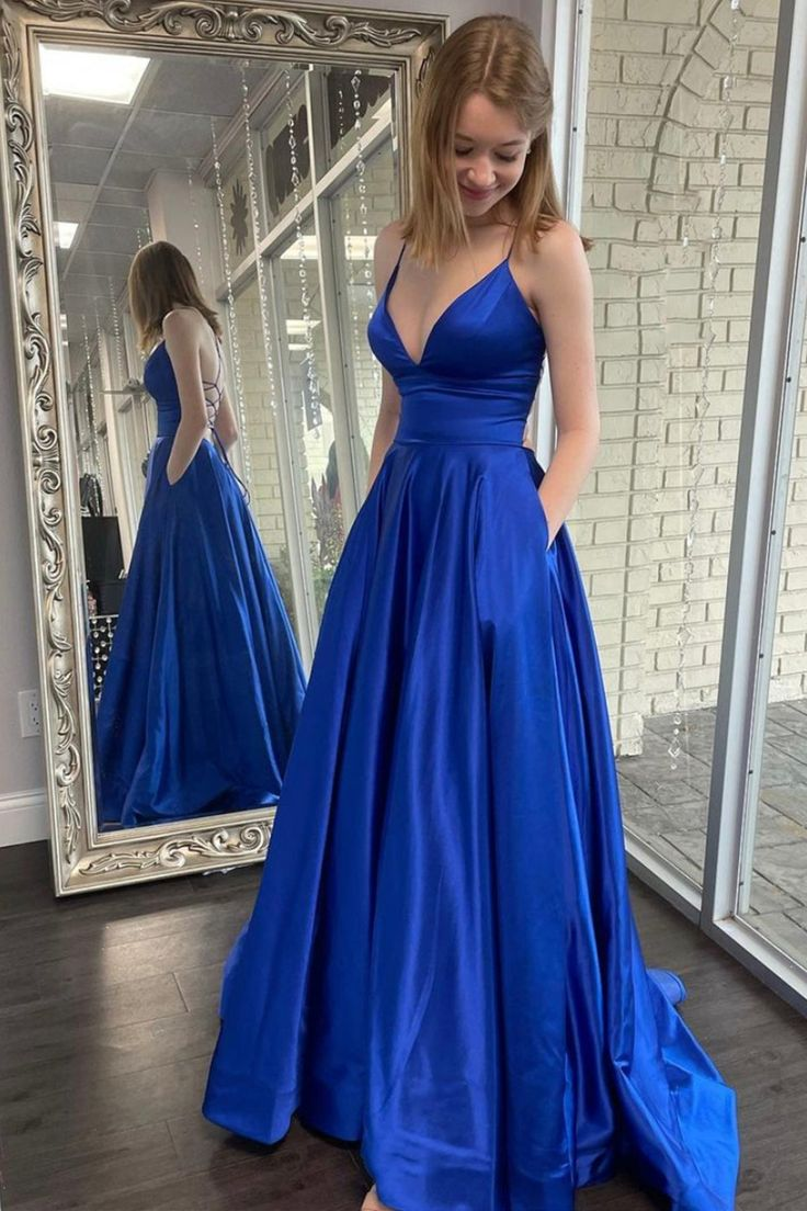 Blue Satin Long Prom Dresses, A-Line Backless Evening Dresses with Pockets - VelvetHem