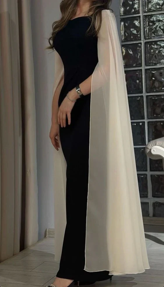 Beautiful Black Satin Chiffon Sheath Evening Dress Elegant Formal Prom Party Dress - VelvetHem