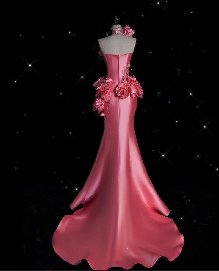 Pretty Pink Satin Mermaid Evening Dress,3D Flowers Long Party Prom Dress