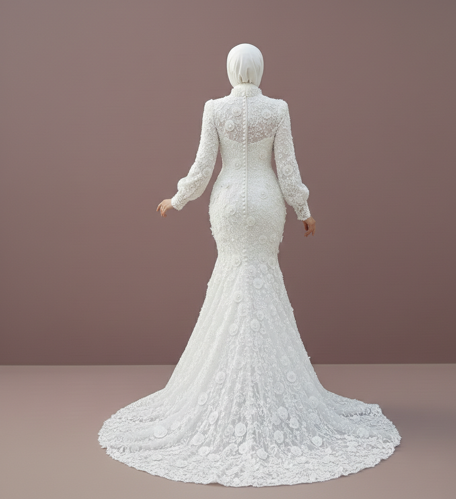 Tea Rose Muslim Wedding Dress Floral Modest Lace Mermaid Wedding Dress