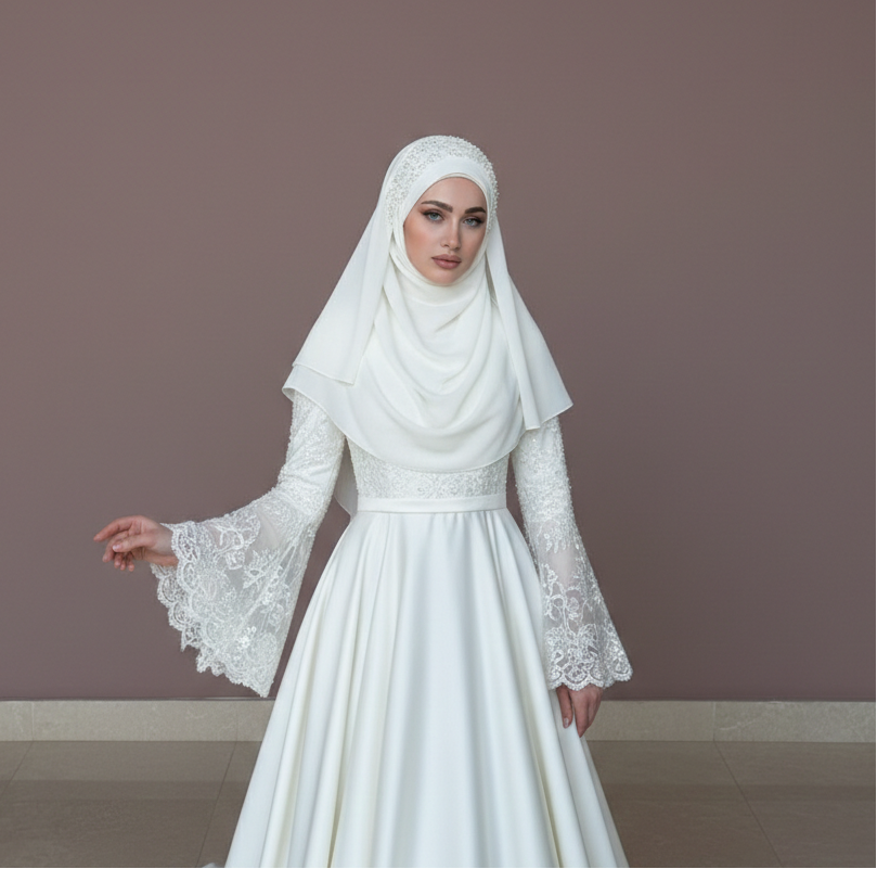 Cape Wedding Dress Muslim Matching Hijab Modest Lace Applique - View 2 | VelvetHem