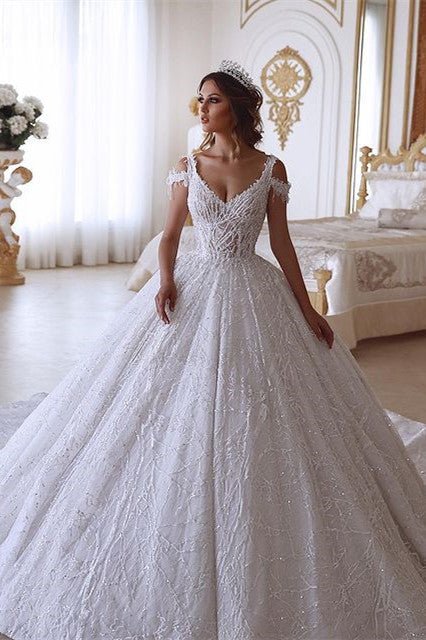 Glamorous Ball Gown V-neck Cold-Shoulder Lace Wedding Dress with Beadings On Sale